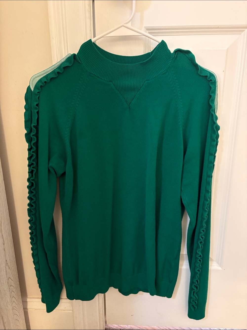 VENUS Emerald Green Ruffle-Trim Crewneck Sweater